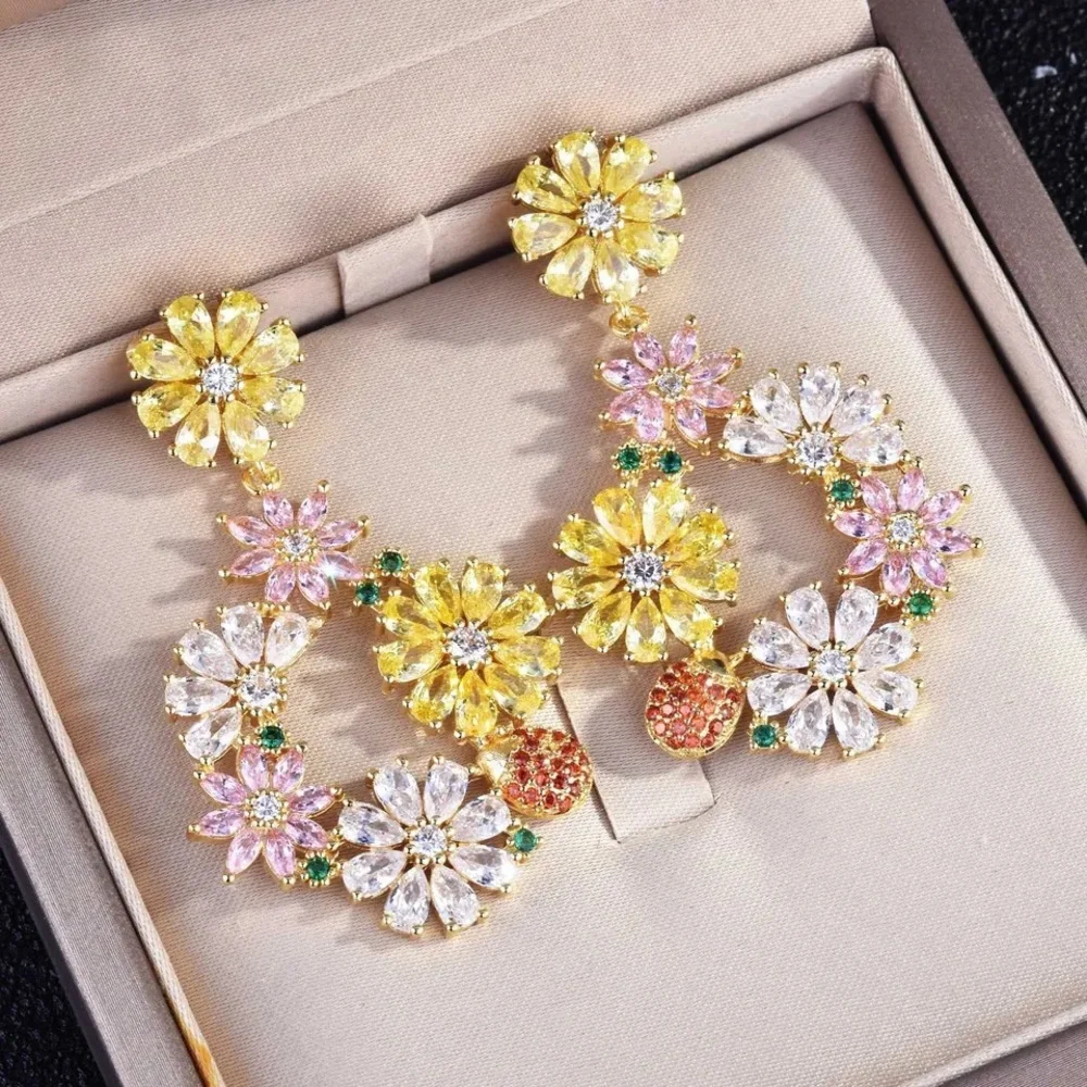 Colorful Floral Zircon Dangle Circle Earrings